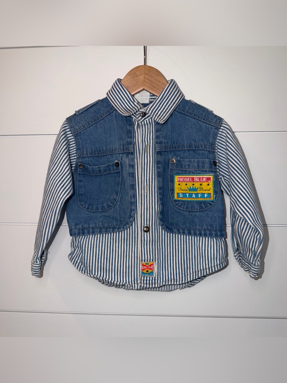 Vtg 90s Rebel Blue Kids Denim Vest Stripe Shirt 2T Hybrid Workwear Kidcore Chore